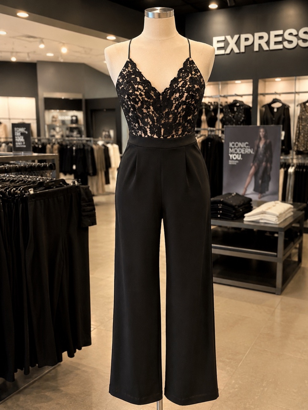 Express Black Lace Bodice Wide Leg Jumpsuit Crisscross Back Size Large
